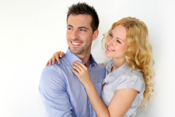 Portrait of cheerful couple on white background - Zdjęcie, obraz