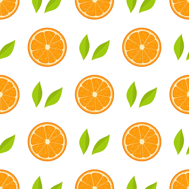 白い背景に新鮮な半分オレンジの果実と緑の葉とシームレスなパターン。タンジェリン。オーガニックフルーツ漫画のスタイル。デザイン用ベクターイラスト、ウェブ、包装紙、生地、壁紙. - ベクター画像