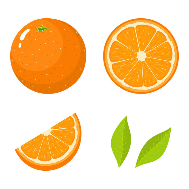Set of fresh whole, half, cut slice and leaves orange fruit isolated on white background. Tangerine. Organic fruit. Cartoon style. Vector illustration for any design. - Вектор, зображення