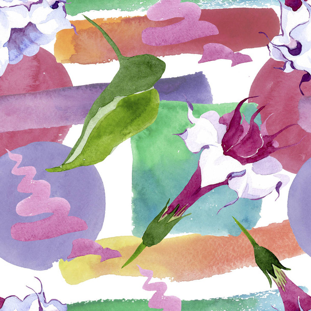 ブルグマンシアの花の植物の花。●水彩背景イラストセット。シームレスな背景パターン. - 写真・画像