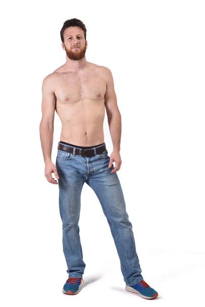 man shirtless and with blue jeans on white background - Foto, immagini