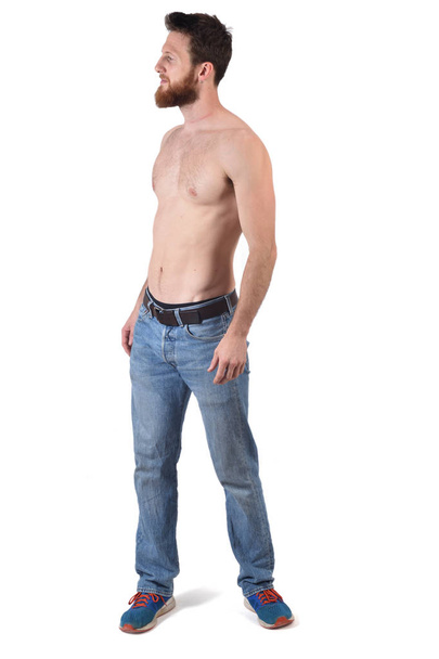 man shirtless and with blue jeans on white background - Photo, Image