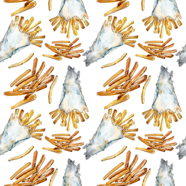 Fast Food frietjes in een aquarel stijl set. Aquarel achtergrond illustratie instellen. Naadloos achtergrond patroon. - Foto, afbeelding
