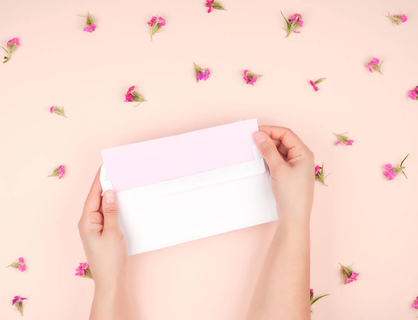  женские руки открывают белый бумажный конверт, в середине письмо
  - Фото, изображение