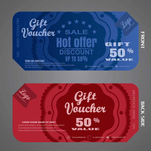 Blank of gift voucher vector illustration to increase sales on dark blue and red background with labels. - Vettoriali, immagini