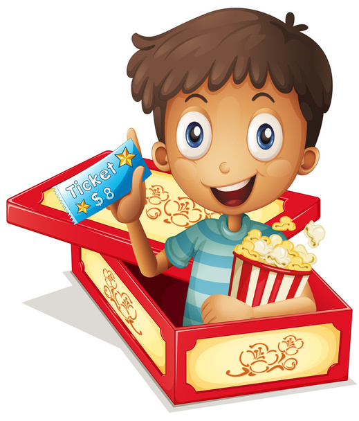 Un ragazzo dentro la scatola con un popcorn e un biglietto
 - Vettoriali, immagini