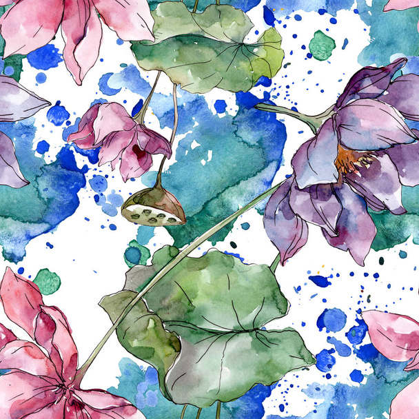 Lotus floral botanical flowers. Wild spring leaf wildflower. Watercolor illustration set. Watercolour drawing fashion aquarelle. Seamless background pattern. Fabric wallpaper print texture. - Photo, Image