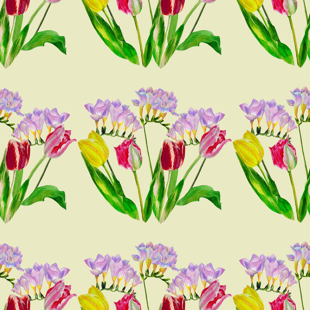 Bouquet with pink tulips and fressia.Seamless pattern. - Zdjęcie, obraz