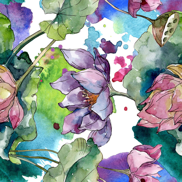 Lotus floral botanical flowers. Wild spring leaf wildflower. Watercolor illustration set. Watercolour drawing fashion aquarelle. Seamless background pattern. Fabric wallpaper print texture. - Фото, изображение