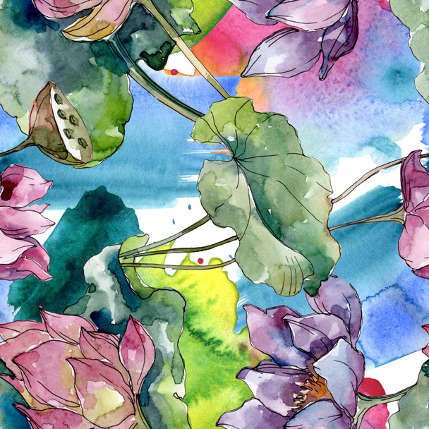 Lotus floral botanical flowers. Wild spring leaf wildflower. Watercolor illustration set. Watercolour drawing fashion aquarelle. Seamless background pattern. Fabric wallpaper print texture. - Zdjęcie, obraz