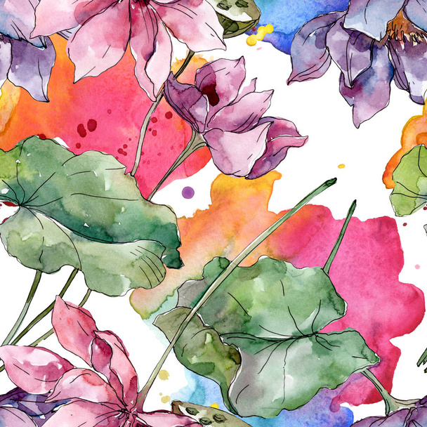 Lotus floral botanical flowers. Wild spring leaf wildflower. Watercolor illustration set. Watercolour drawing fashion aquarelle. Seamless background pattern. Fabric wallpaper print texture. - Foto, Imagem
