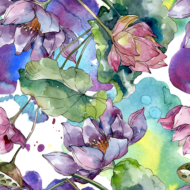 Lotus virág botanikai virágok. Vad tavaszi levél vadvirág. Akvarell illusztráció meg. Akvarell rajz divat Aquarelle. Folytonos háttérmintázat. Szövet tapéta nyomtatási textúra. - Fotó, kép