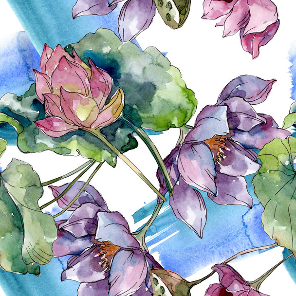 Lotus floral botanical flowers. Wild spring leaf wildflower. Watercolor illustration set. Watercolour drawing fashion aquarelle. Seamless background pattern. Fabric wallpaper print texture. - Fotoğraf, Görsel