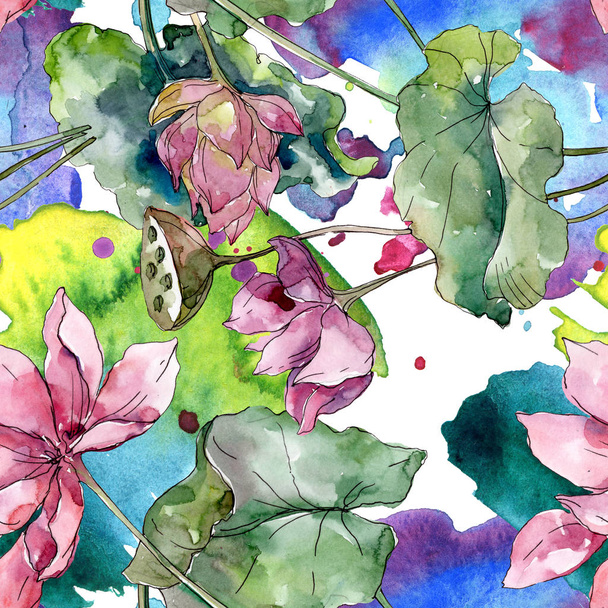 Lotus floral botanical flowers. Wild spring leaf wildflower. Watercolor illustration set. Watercolour drawing fashion aquarelle. Seamless background pattern. Fabric wallpaper print texture. - Foto, afbeelding