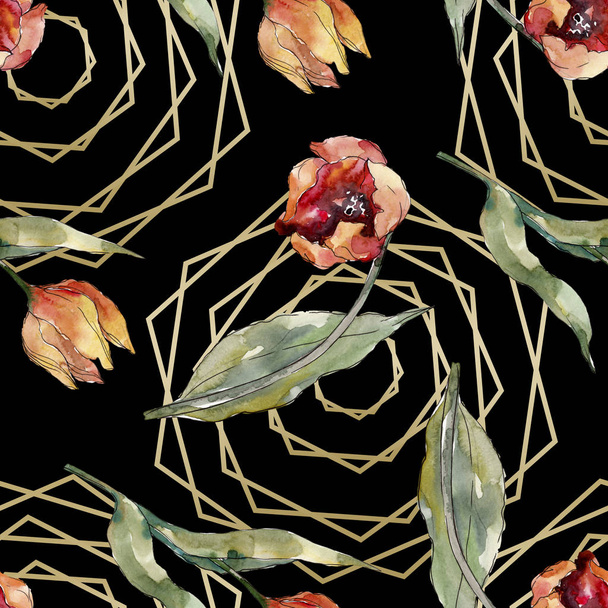 Red tulip floral botanical flower. Wild spring leaf wildflower. Watercolor illustration set. Watercolour drawing fashion aquarelle. Seamless background pattern. Fabric wallpaper print texture. - Photo, image