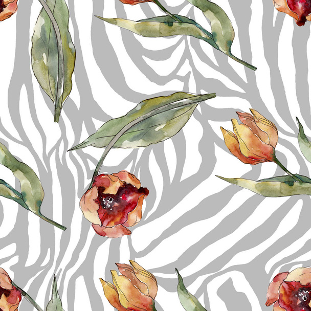 Red tulip floral botanical flower. Wild spring leaf wildflower. Watercolor illustration set. Watercolour drawing fashion aquarelle. Seamless background pattern. Fabric wallpaper print texture. - Фото, изображение
