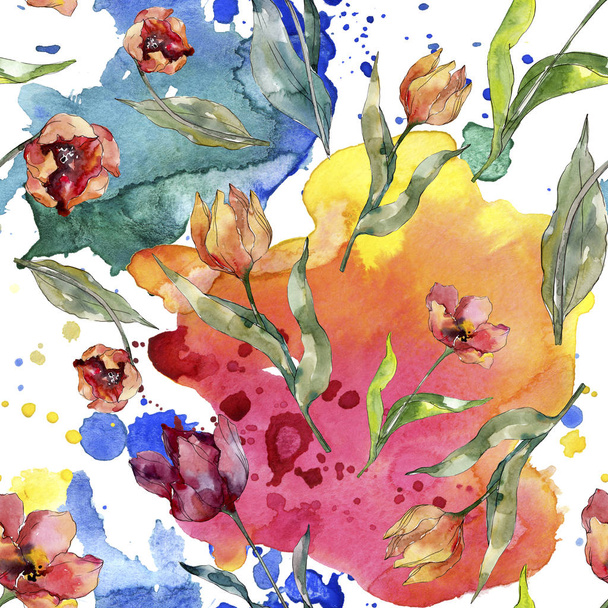Red tulip floral botanical flower. Wild spring leaf wildflower. Watercolor illustration set. Watercolour drawing fashion aquarelle. Seamless background pattern. Fabric wallpaper print texture. - Φωτογραφία, εικόνα