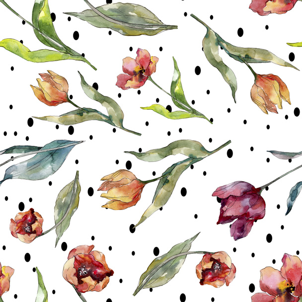 Red tulip floral botanical flower. Wild spring leaf wildflower. Watercolor illustration set. Watercolour drawing fashion aquarelle. Seamless background pattern. Fabric wallpaper print texture. - Photo, Image