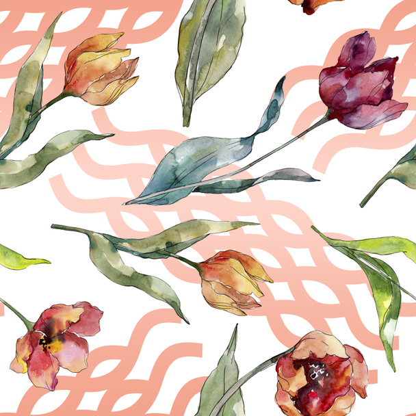 Red tulip floral botanical flower. Wild spring leaf wildflower. Watercolor illustration set. Watercolour drawing fashion aquarelle. Seamless background pattern. Fabric wallpaper print texture. - Foto, immagini