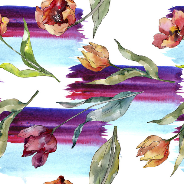 Red tulip floral botanical flower. Wild spring leaf wildflower. Watercolor illustration set. Watercolour drawing fashion aquarelle. Seamless background pattern. Fabric wallpaper print texture. - Foto, Bild