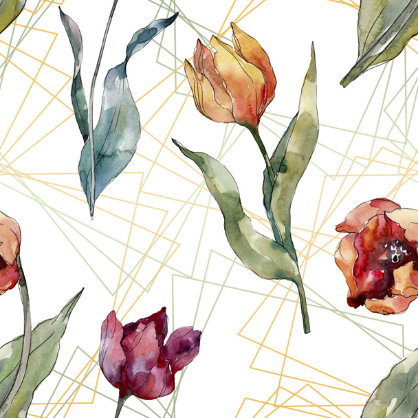 Czerwony tulipan kwiatowy kwiat botaniczny. Dziki kwiat liści wiosny. Zestaw ilustracji akwarela. Akwarela rysunek mody Aquarelle. Wzór tła bez szwu. Tkanina tapeta druk tekstura. - Zdjęcie, obraz