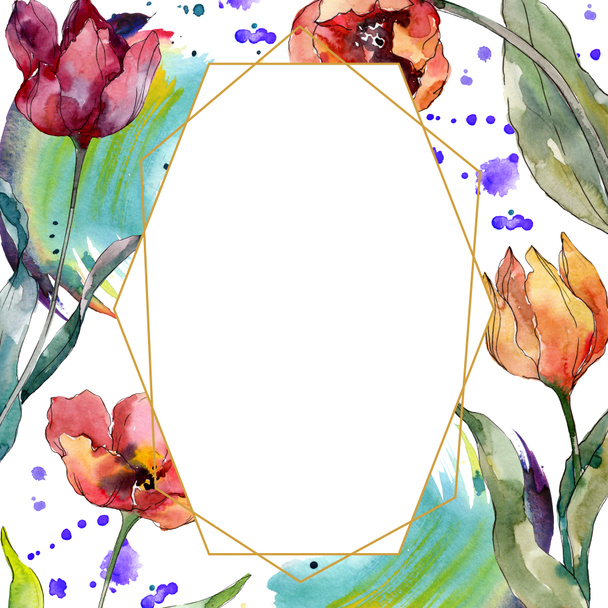 Red tulip floral botanical flower. Wild spring leaf wildflower isolated. Watercolor background illustration set. Watercolour drawing fashion aquarelle isolated. Frame border crystal ornament square. - Фото, зображення