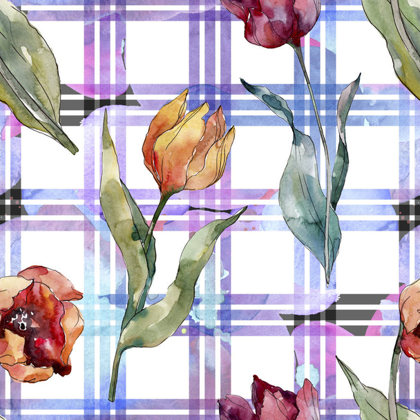 Red tulip floral botanical flower. Wild spring leaf wildflower. Watercolor illustration set. Watercolour drawing fashion aquarelle. Seamless background pattern. Fabric wallpaper print texture. - Foto, imagen