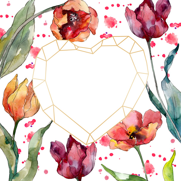 Red tulip floral botanical flower. Wild spring leaf wildflower isolated. Watercolor background illustration set. Watercolour drawing fashion aquarelle. Frame border crystal ornament square. - 写真・画像