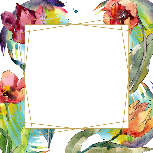 Red tulip floral botanical flower. Wild spring leaf wildflower isolated. Watercolor background illustration set. Watercolour drawing fashion aquarelle. Frame border crystal ornament square. - 写真・画像