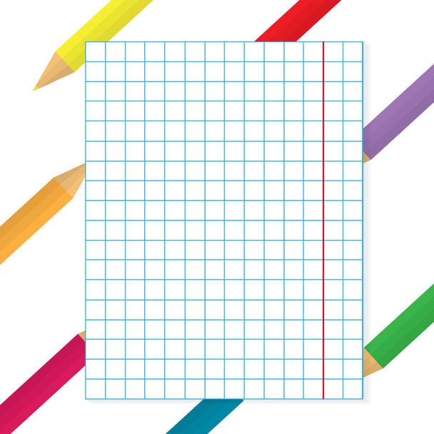 красочные карандаши с клетчатым бумажным фоном - векторная иллюстрация
 - Вектор,изображение