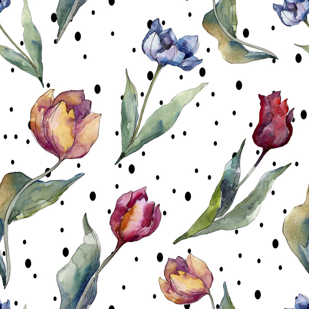 Tulip floral botanical flowers. Wild spring leaf wildflower isolated. Watercolor illustration set. Watercolour drawing fashion aquarelle. Seamless background pattern. Fabric wallpaper print texture. - Фото, изображение