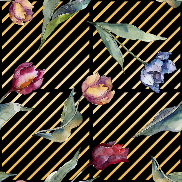 Botanische Tulpenblüten. wildes Frühlingsblatt Wildblume isoliert. Aquarell-Illustrationsset vorhanden. Aquarell zeichnen Mode-Aquarell. nahtlose Hintergrundmuster. Stoff Tapete drucken Textur. - Foto, Bild