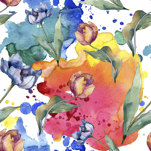 Tulip floral botanical flowers. Wild spring leaf wildflower isolated. Watercolor illustration set. Watercolour drawing fashion aquarelle. Seamless background pattern. Fabric wallpaper print texture. - Photo, Image