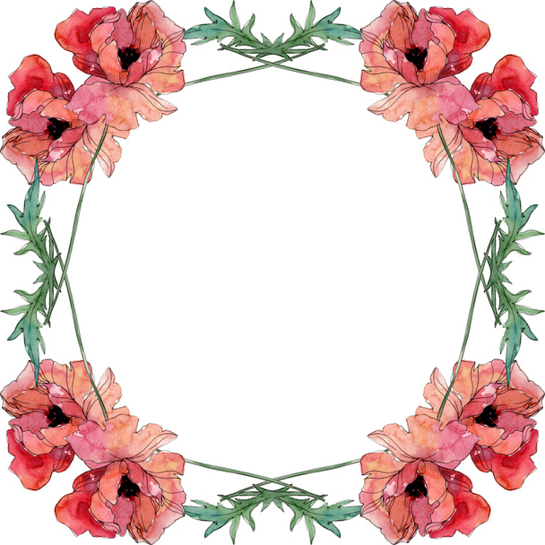 Poppy floral botanical flower. Watercolor background illustration set. Frame border ornament square. - Fotoğraf, Görsel