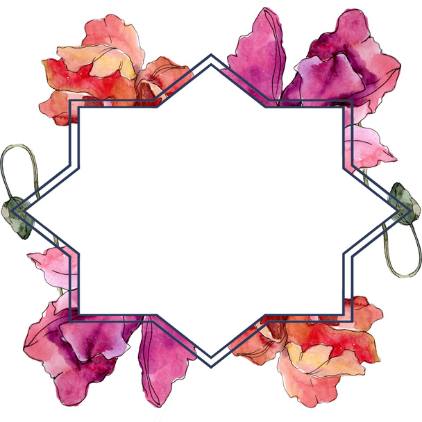 Poppy floral botanical flower. Watercolor background illustration set. Frame border ornament square. - Фото, изображение