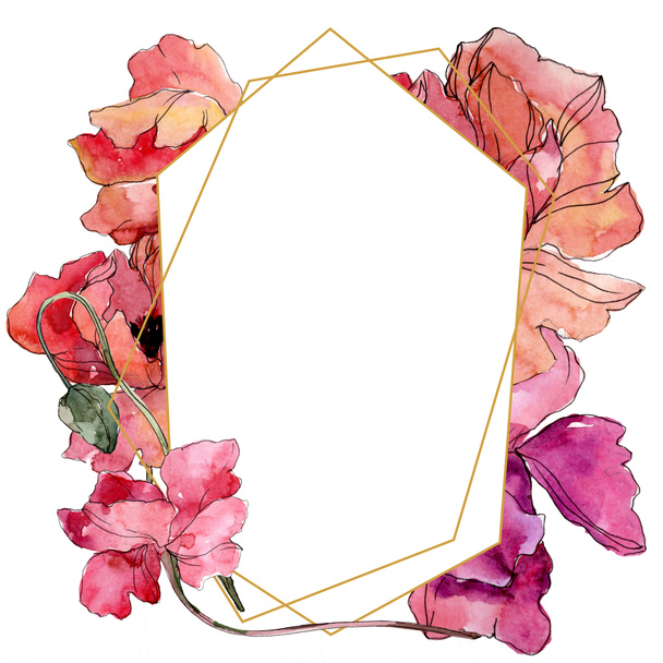 Poppy floral botanical flower. Watercolor background illustration set. Frame border ornament square. - Foto, imagen