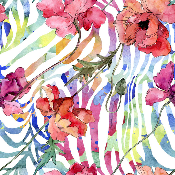 Poppy floral botanical flower. Watercolor background illustration set. Seamless background pattern. - Foto, Imagem