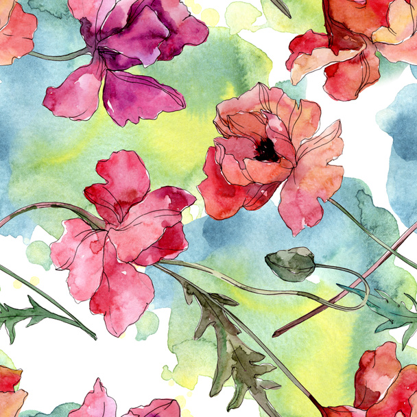 Poppy virágos botanikus virág. Akvarell háttér illusztráció meg. Folytonos háttérmintázat. - Fotó, kép