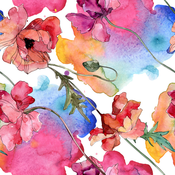 Poppy floral botanical flower. Watercolor background illustration set. Seamless background pattern. - Foto, afbeelding