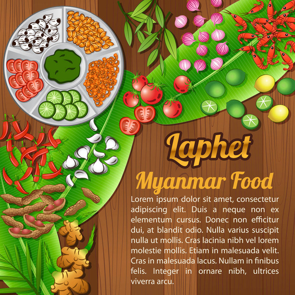 Lebensmittelbestandteile setzen Banner auf Holzgrund, Myanma - Vektor, Bild