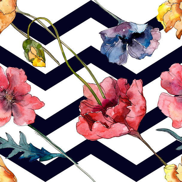 Poppy floral botanical flower. Wild spring leaf wildflower. Watercolor illustration set. Watercolour drawing fashion aquarelle. Seamless background pattern. Fabric wallpaper print texture. - 写真・画像
