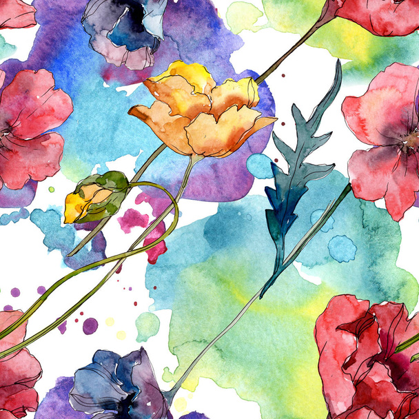 Poppy floral botanical flower. Wild spring leaf wildflower. Watercolor illustration set. Watercolour drawing fashion aquarelle. Seamless background pattern. Fabric wallpaper print texture. - Photo, Image