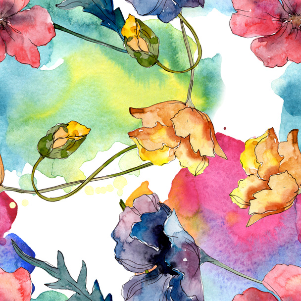 Poppy floral botanical flower. Wild spring leaf wildflower. Watercolor illustration set. Watercolour drawing fashion aquarelle. Seamless background pattern. Fabric wallpaper print texture. - Foto, imagen