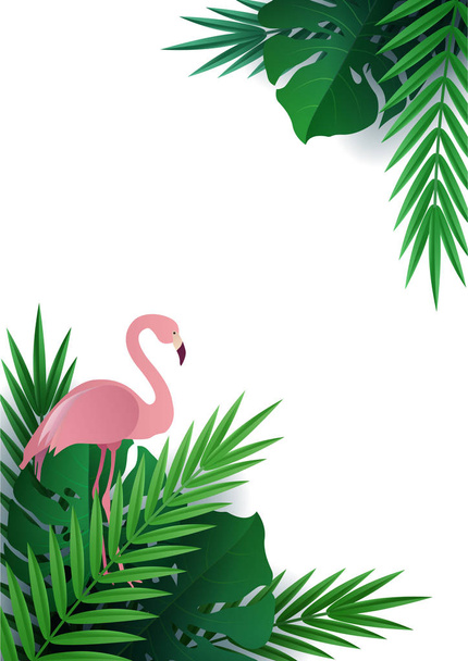 Hola verano, verano. Antecedentes de plantas tropicales. Flamenco de pájaro plano. Hojas de palma, hoja de selva. El cartel en venta y un cartel publicitario. Vector
 - Vector, Imagen