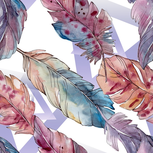 Colorful bird feather from wing isolated. Watercolor background illustration set. Seamless background pattern. - Foto, Imagem