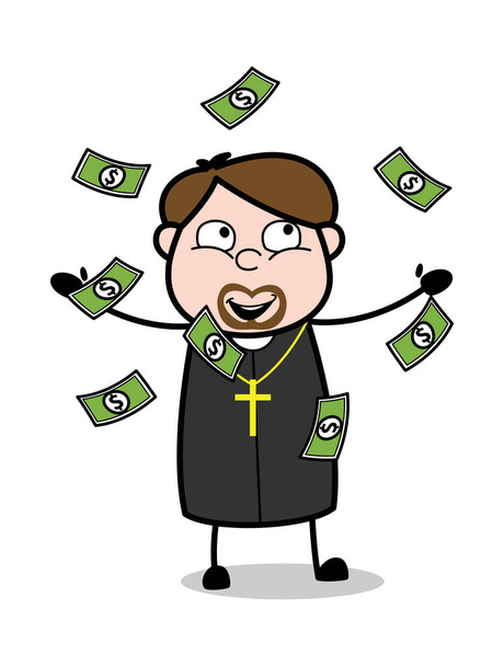 Catching Flying Money - Cartoon Priest Monk Vector Illustration - Vector, Image