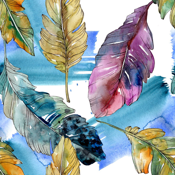 Colorful bird feather from wing isolated. Watercolor background illustration set. Seamless background pattern. - Foto, Bild