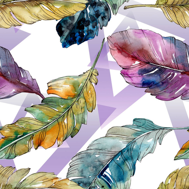Colorful bird feather from wing isolated. Watercolor background illustration set. Seamless background pattern. - Valokuva, kuva