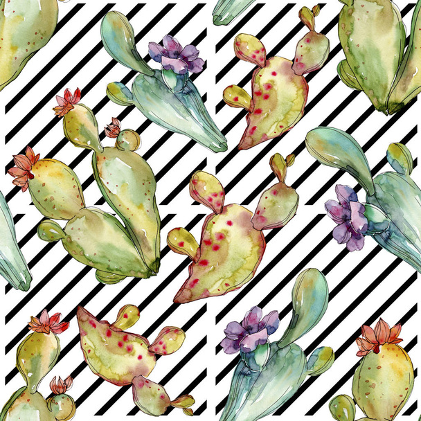 Green cactus floral botanical flowers. Watercolor background illustration set. Seamless background pattern. - 写真・画像