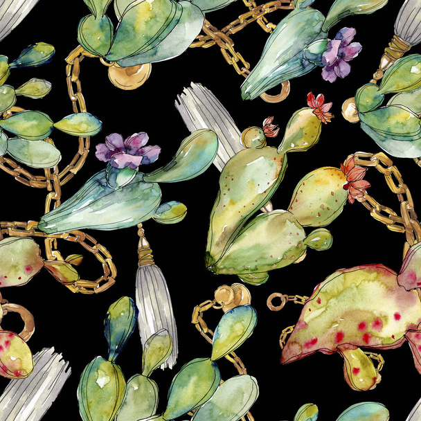 Green cactus floral botanical flowers. Watercolor background illustration set. Seamless background pattern. - Фото, зображення